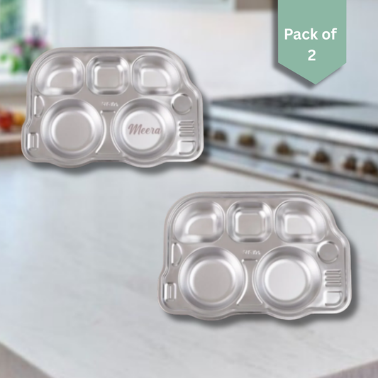 Theoni Stainless Steel Section Bus Shape Kids Plate / Portion Plate / Dinner Dish  - Bus Shape (Set of 2). Personalize With Name