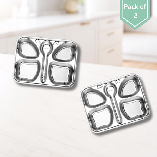 THEONI Stainless Steel Section Butterfly Shape Kids Plate / Portion Plate / Dinner Dish – Butterfly Shape (Set of 2). Personalize With Name