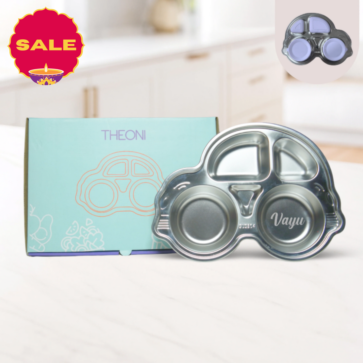 Theoni Stainless Steel Car Shape Suction Plate for Toddlers | 4 Section Kids Feeding Plate | BPA-Free & Dishwasher Safe - Personalization Available (Blue)