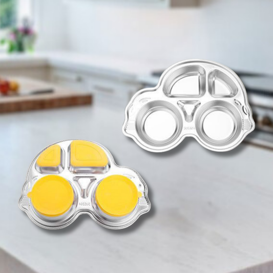 Theoni Stainless Steel Car Shape Suction Plate for Toddlers | 4 Section Kids Feeding Plate | BPA-Free & Dishwasher Safe - Personalization Available