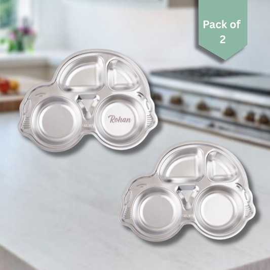 Theoni Stainless Steel Section Car Shape Kids Plate / Portion Plate / Dinner Dish - Car shape (Set of-2). Personalize With Name