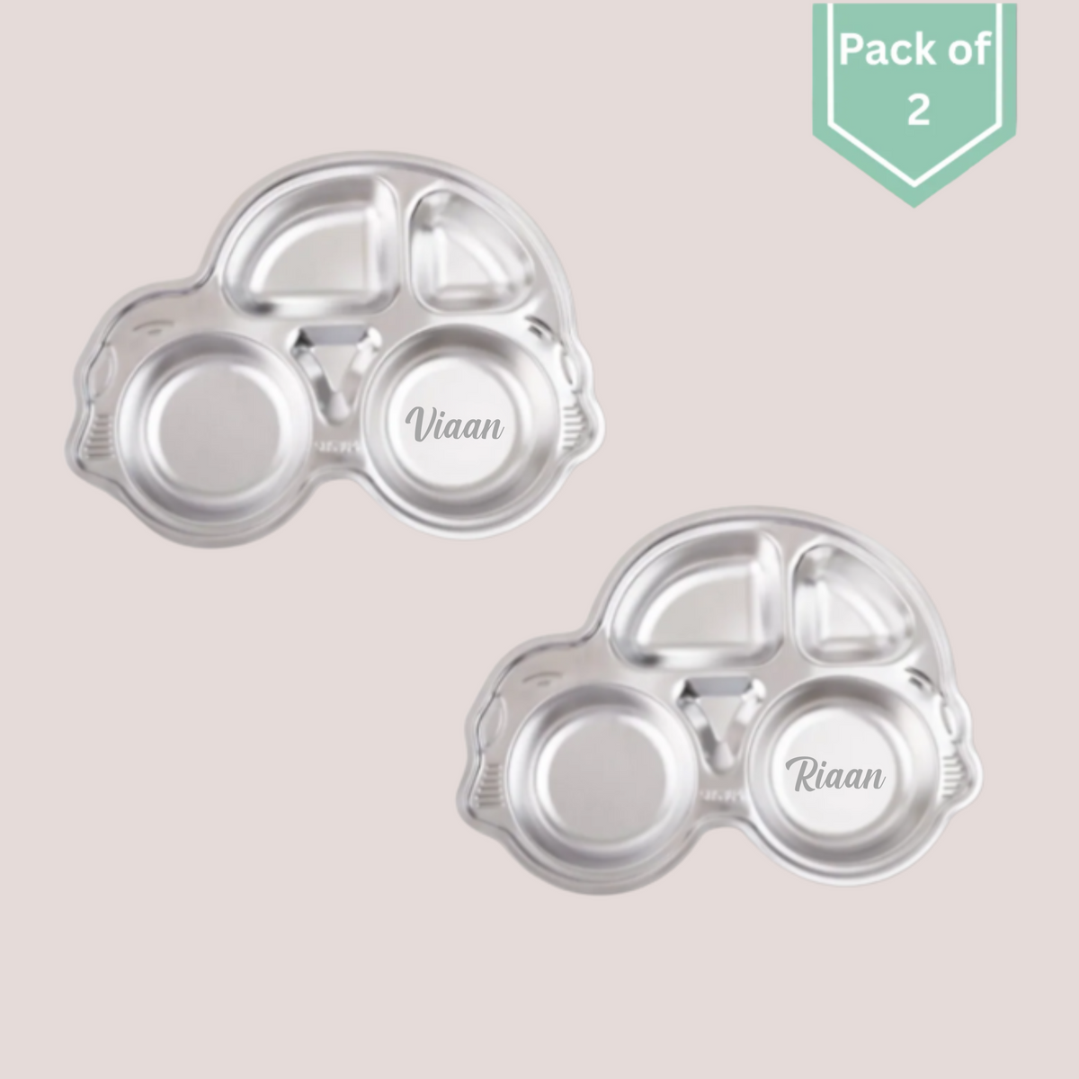 Theoni Stainless Steel Section Car Shape Kids Plate / Portion Plate / Dinner Dish - Car shape (Set of-2). Personalize With Name