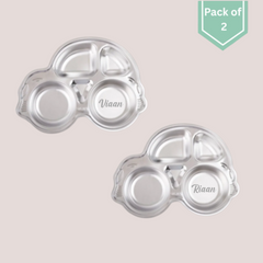 Theoni Stainless Steel Section Car Shape Kids Plate / Portion Plate / Dinner Dish - Car shape (Set of-2). Personalize With Name