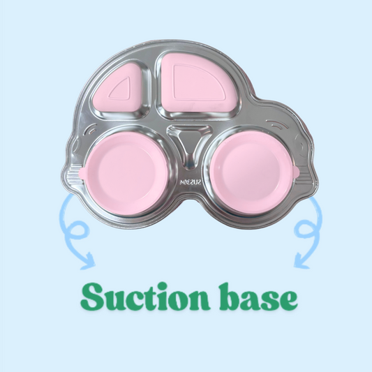 Theoni Pink Car Mealtime Joy Bundle – Suction Plate, Beige Insulated Tumbler & Cutlery Set
