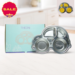 Theoni Stainless Steel Car Shape Suction Plate for Toddlers | 4 Section Kids Feeding Plate | BPA-Free & Dishwasher Safe - Personalization Available(Yellow)