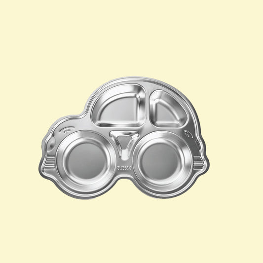 Theoni Stainless Steel Car Shape Suction Plate with Toddler Cutlery Set | 4 Compartment Kids Plate | BPA-Free & Dishwasher Safe