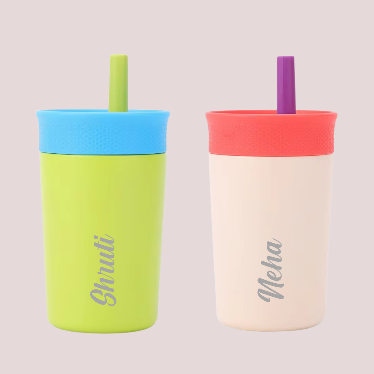 Theoni Kids Stainless Steel Insulated Tumbler with Silicon Straw & Cleaning Brush | 355ml | Leak-Proof, BPA-Free, Travel Friendly – Beige and Green