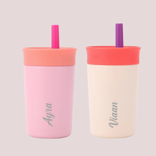 Theoni Kids Stainless Steel Insulated Tumbler with Silicon Straw & Cleaning Brush | 355ml | Leak-Proof, BPA-Free, Travel Friendly – Beige and Pink