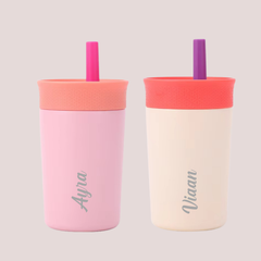 Theoni Kids Stainless Steel Insulated Tumbler with Silicon Straw & Cleaning Brush | 355ml | Leak-Proof, BPA-Free, Travel Friendly – Beige and Pink
