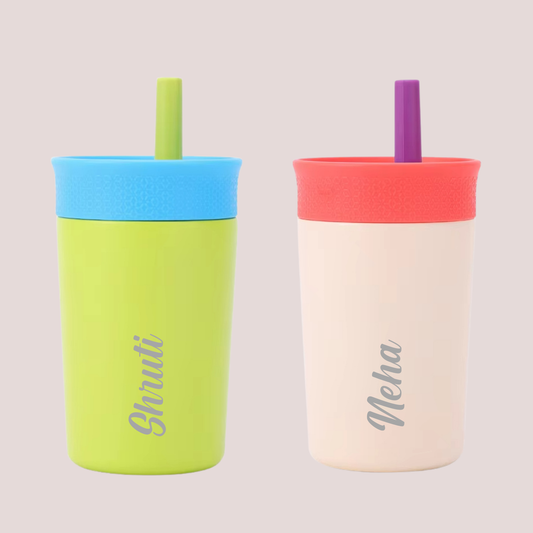 Theoni Kids Stainless Steel Insulated Tumbler with Silicon Straw & Cleaning Brush | 355ml | Leak-Proof, BPA-Free, Travel Friendly – Beige and Green