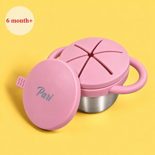 Theoni Stainless Steel Snack Cups with Removable Silicone Food Catcher & Travel Lid – Spill-Proof, Toddler-Friendly, Dishwasher Safe- Pink