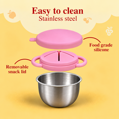 Theoni Stainless Steel Snack Cups with Removable Silicone Food Catcher & Travel Lid – Spill-Proof, Toddler-Friendly, Dishwasher Safe- Pink