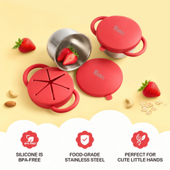 Theoni Stainless Steel Snack Cups with Removable Silicone Food Catcher & Travel Lid – Spill-Proof, Toddler-Friendly, Dishwasher Safe- Red