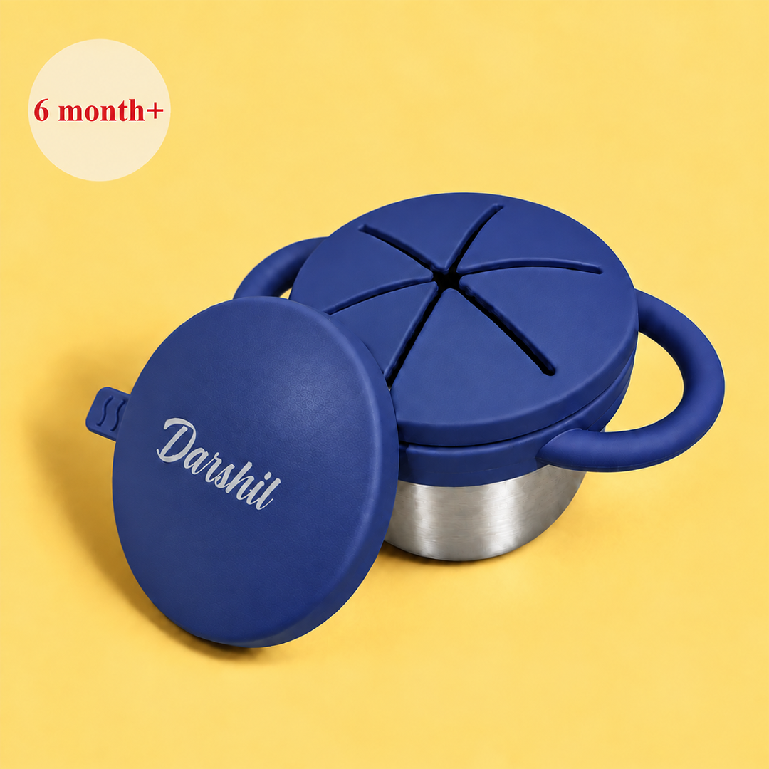 Theoni Stainless Steel Snack Cups with Removable Silicone Food Catcher & Travel Lid – Spill-Proof, Toddler-Friendly, Dishwasher Safe- Dark Blue