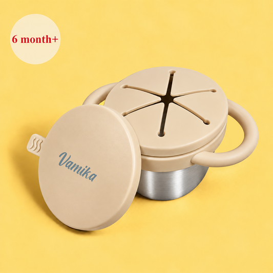 Theoni Stainless Steel Snack Cups with Removable Silicone Food Catcher & Travel Lid – Spill-Proof, Toddler-Friendly, Dishwasher Safe- Beige