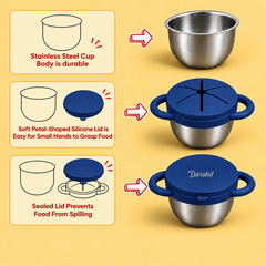 Theoni Stainless Steel Snack Cups with Removable Silicone Food Catcher & Travel Lid – Spill-Proof, Toddler-Friendly, Dishwasher Safe- Dark Blue