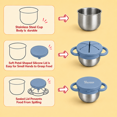 Theoni Stainless Steel Snack Cups with Removable Silicone Food Catcher & Travel Lid – Spill-Proof, Toddler-Friendly, Dishwasher Safe- Dusty Blue