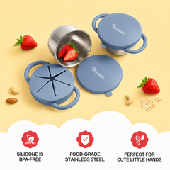 Theoni Stainless Steel Snack Cups with Removable Silicone Food Catcher & Travel Lid – Spill-Proof, Toddler-Friendly, Dishwasher Safe- Dusty Blue