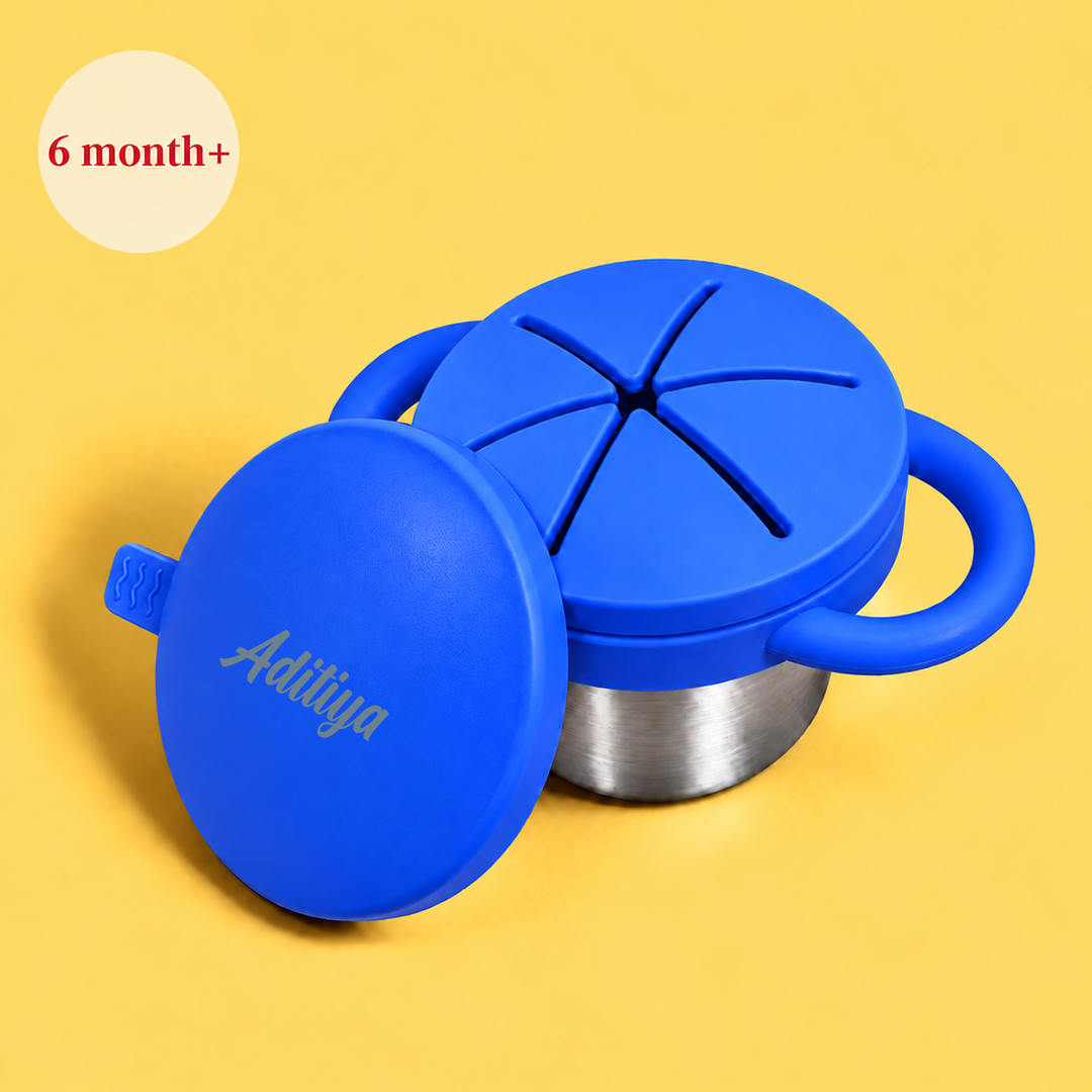 Theoni Stainless Steel Snack Cups with Removable Silicone Food Catcher & Travel Lid – Spill-Proof, Toddler-Friendly, Dishwasher Safe- Blue