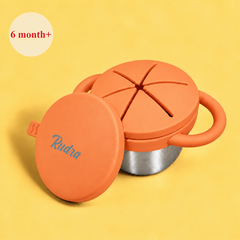 Theoni Stainless Steel Snack Cups with Removable Silicone Food Catcher & Travel Lid – Spill-Proof, Toddler-Friendly, Dishwasher Safe- Orange