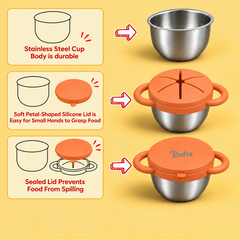 Theoni Stainless Steel Snack Cups with Removable Silicone Food Catcher & Travel Lid – Spill-Proof, Toddler-Friendly, Dishwasher Safe- Orange