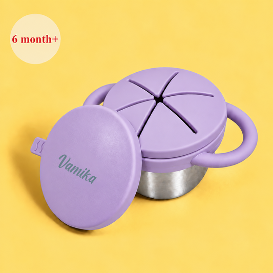 Theoni Stainless Steel Snack Cups with Removable Silicone Food Catcher & Travel Lid – Spill-Proof, Toddler-Friendly, Dishwasher Safe- Purple