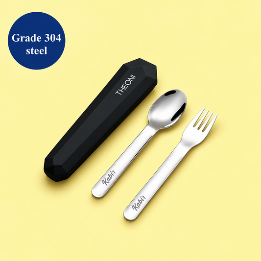 Theoni On-the-Go Stainless Steel Cutlery Set for Kids – BPA-Free, Dishwasher Safe Travel Spoon & Fork with Silicone Case – Black