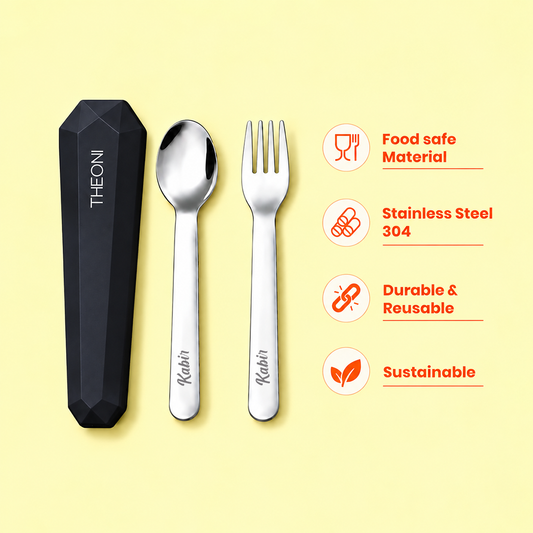 Theoni On-the-Go Stainless Steel Cutlery Set for Kids – BPA-Free, Dishwasher Safe Travel Spoon & Fork with Silicone Case – Black