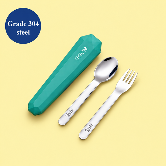 Theoni On-the-Go Stainless Steel Cutlery Set for Kids – BPA-Free, Dishwasher Safe Travel Spoon & Fork with Silicone Case – Mint Green