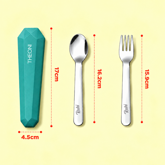 Theoni On-the-Go Stainless Steel Cutlery Set for Kids – BPA-Free, Dishwasher Safe Travel Spoon & Fork with Silicone Case – Mint Green