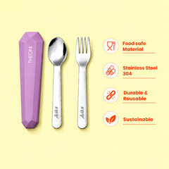 Theoni On-the-Go Stainless Steel Cutlery Set for Kids – BPA-Free, Dishwasher Safe Travel Spoon & Fork with Silicone Case – Purple