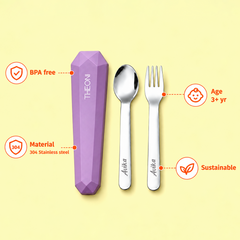Theoni On-the-Go Stainless Steel Cutlery Set for Kids – BPA-Free, Dishwasher Safe Travel Spoon & Fork with Silicone Case – Purple