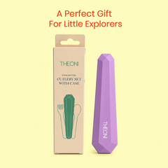 Theoni On-the-Go Stainless Steel Cutlery Set for Kids – BPA-Free, Dishwasher Safe Travel Spoon & Fork with Silicone Case – Purple
