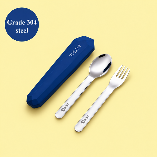 Theoni On-the-Go Stainless Steel Cutlery Set for Kids – BPA-Free, Dishwasher Safe Travel Spoon & Fork with Silicone Case – Navy Blue