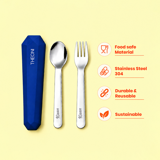Theoni On-the-Go Stainless Steel Cutlery Set for Kids – BPA-Free, Dishwasher Safe Travel Spoon & Fork with Silicone Case – Navy Blue