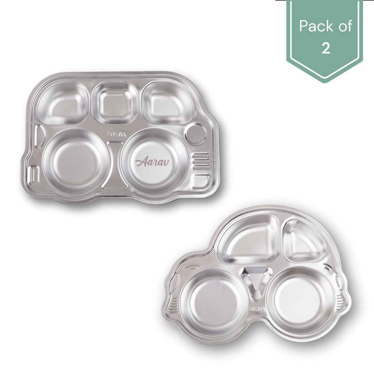 Theoni Stainless Steel Section Kids Plate / Portion Plate / Dinner Dish  - Set of 2 (1 Car & 1 Bus)