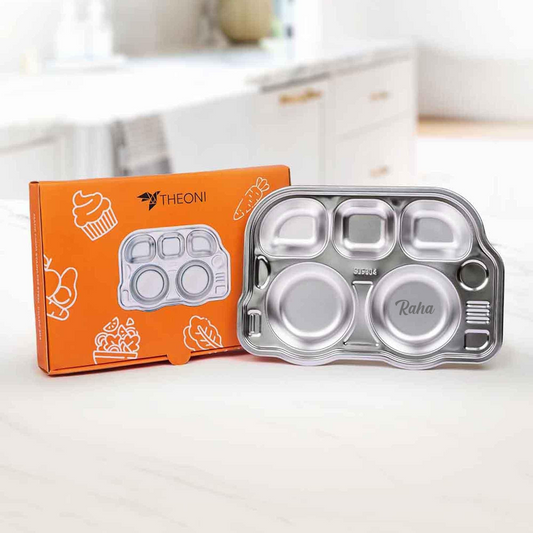 Theoni Stainless Steel Section Bus Shape Kids Plate / Portion Plate / Dinner Dish - Bus Shape. Personalize With Name