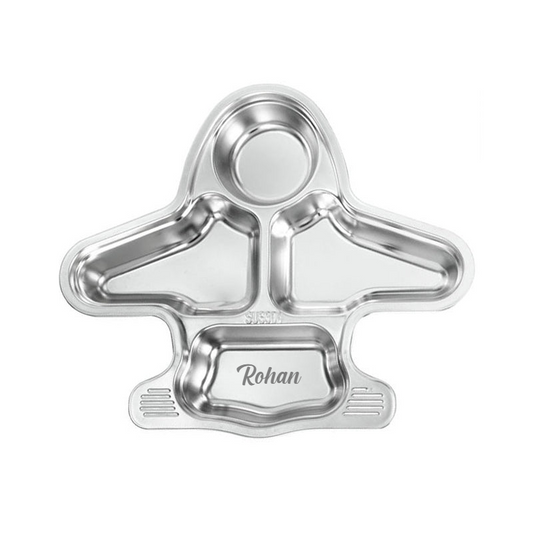 Theoni Stainless Steel Section Aeroplane Shape Kids Plate / Portion Plate / Dinner Plate - Aeroplane Shape. Personalize With Name