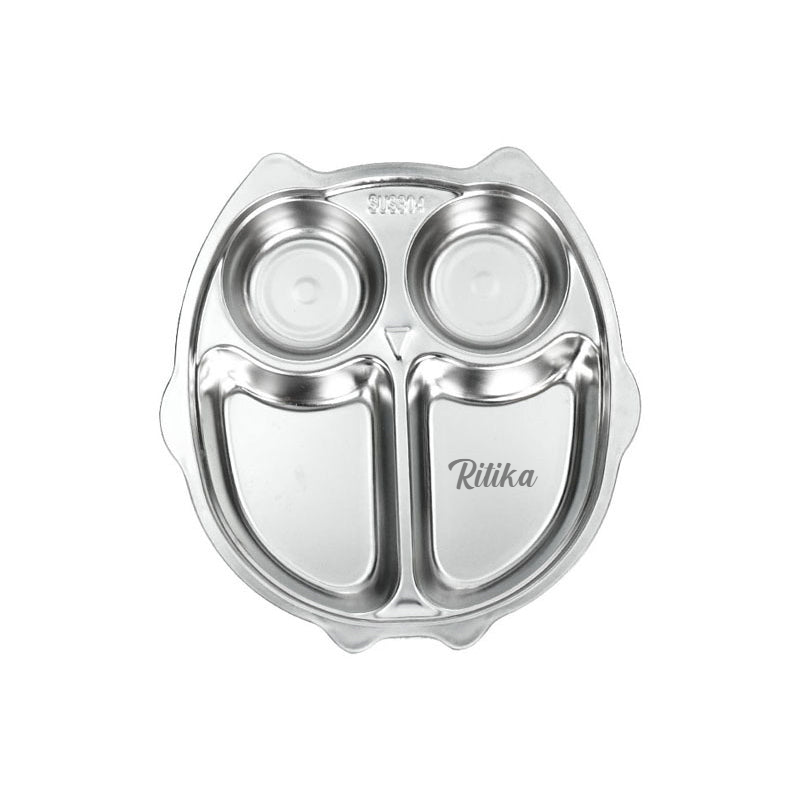 Theoni Stainless Steel Section Owl Shape Kids Plate / Portion Plate / Dinner Plate - Owl Shape. Personalize With Name