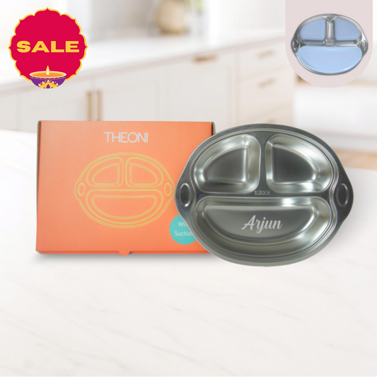 Theoni Stainless Steel Suction Plate for Toddlers | 3 Compartment Monkey Baby Feeding Plate | BPA-Free & Dishwasher Safe - Personalization Available (Blue)