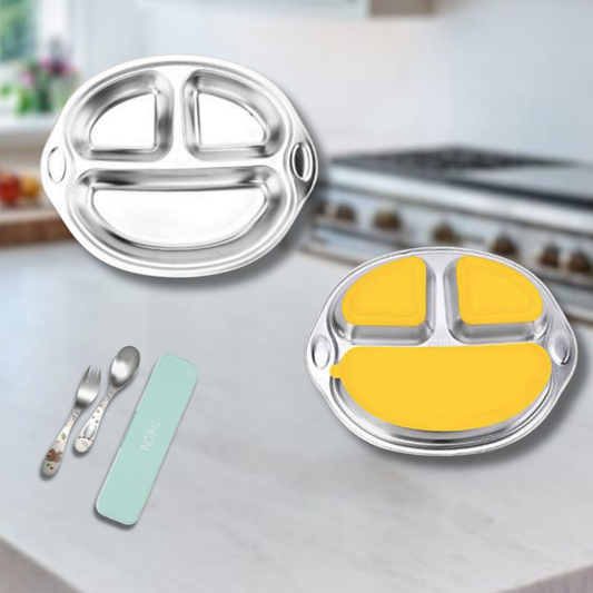 Theoni Stainless Steel Monkey Shape Suction Plate with Toddler Cutlery Set | 3 Compartment Baby Plate | BPA-Free & Durable
