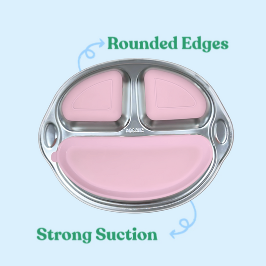 Theoni Stainless Steel Monkey Shape Suction Plate with Toddler Cutlery Set | 3 Compartment Baby Plate | BPA-Free & Durable (Pink Suction)