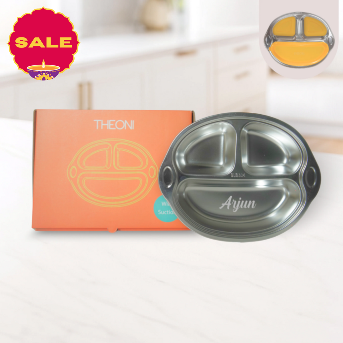 Theoni Stainless Steel Suction Plate for Toddlers | 3 Compartment Monkey Baby Feeding Plate | BPA-Free & Dishwasher Safe - Personalization Available (Yellow)