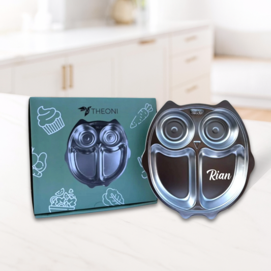 Theoni Stainless Steel Owl Shape Kids Plate / Portion Plate / Dinner Dish -Personalization Available