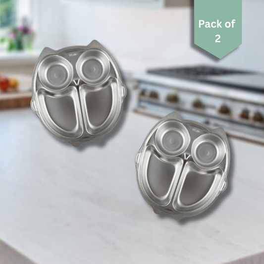 THEONI Stainless Steel Section Owl Shape Kids Plate / Portion Plate / Dinner Dish - Owl Shape (Set of 2). Personalize With Name