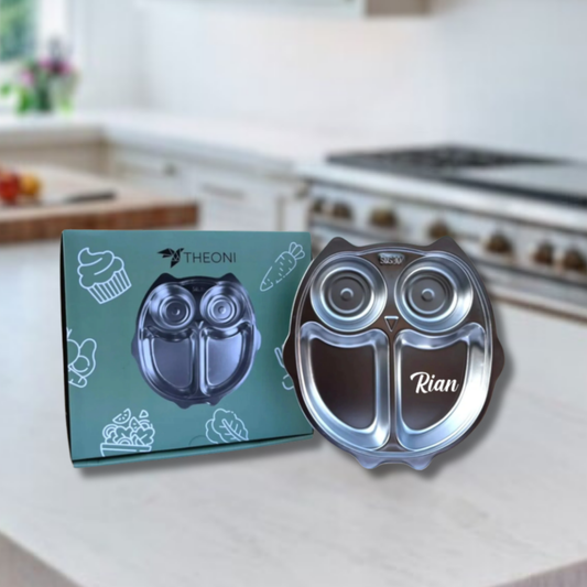 Theoni Stainless Steel Owl Shape Kids Plate / Portion Plate / Dinner Dish -Personalization Available