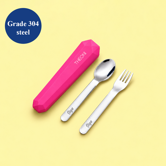 Theoni On-the-Go Stainless Steel Cutlery Set for Kids – BPA-Free, Dishwasher Safe Travel Spoon & Fork with Silicone Case – Pink