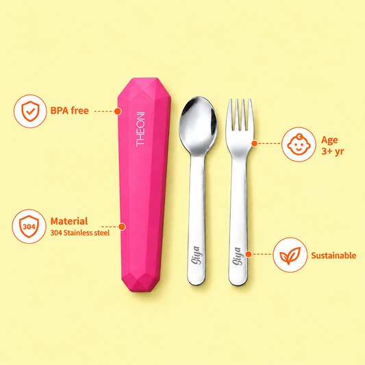 Theoni On-the-Go Stainless Steel Cutlery Set for Kids – BPA-Free, Dishwasher Safe Travel Spoon & Fork with Silicone Case – Pink