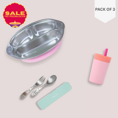 Theoni Pink Monkey Mealtime Essentials Bundle – Suction Plate, Insulated Tumbler & Cutlery Set
