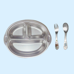 Theoni Stainless Steel Monkey Shape Suction Plate with Toddler Cutlery Set | 3 Compartment Baby Plate | BPA-Free & Durable